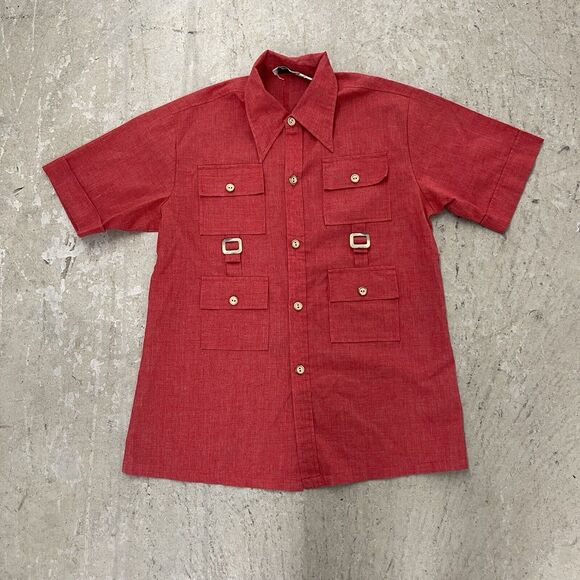 Vintage Malihini Shirt Mens 38 Red Hawaiian Button Up Pockets Beach Summer - Picture 1 of 9